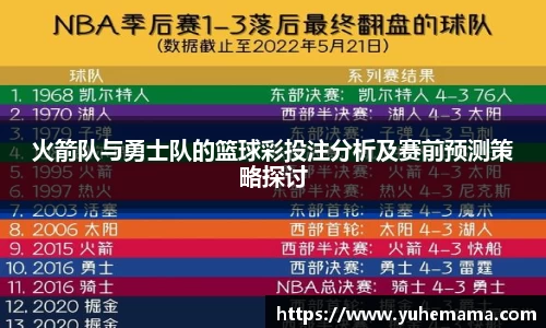 火箭队与勇士队的篮球彩投注分析及赛前预测策略探讨